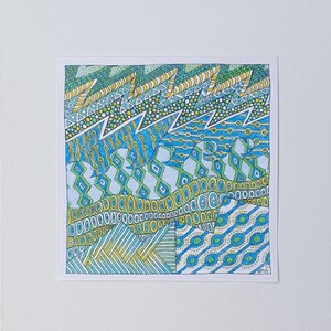 May include: A square drawing featuring intricate geometric patterns in blue, green, and yellow ink. The composition includes horizontal bands of zigzags, circles, diamonds, and cross-hatched lines, creating a dense, layered, and textured visual effect.