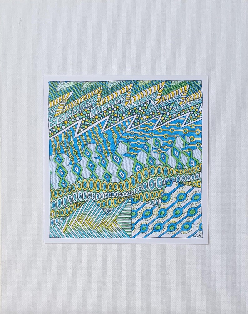 May include: A square drawing featuring intricate geometric patterns in blue, green, and yellow ink. The composition includes horizontal bands of zigzags, circles, diamonds, and cross-hatched lines, creating a dense, layered, and textured visual effect.