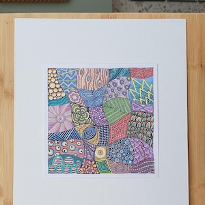May include: A square drawing featuring a complex arrangement of colourful, hand-drawn geometric and organic patterns. The artwork includes various shapes like circles, zigzags, and floral motifs filled with vibrant shades of blue, pink, green, and yellow.