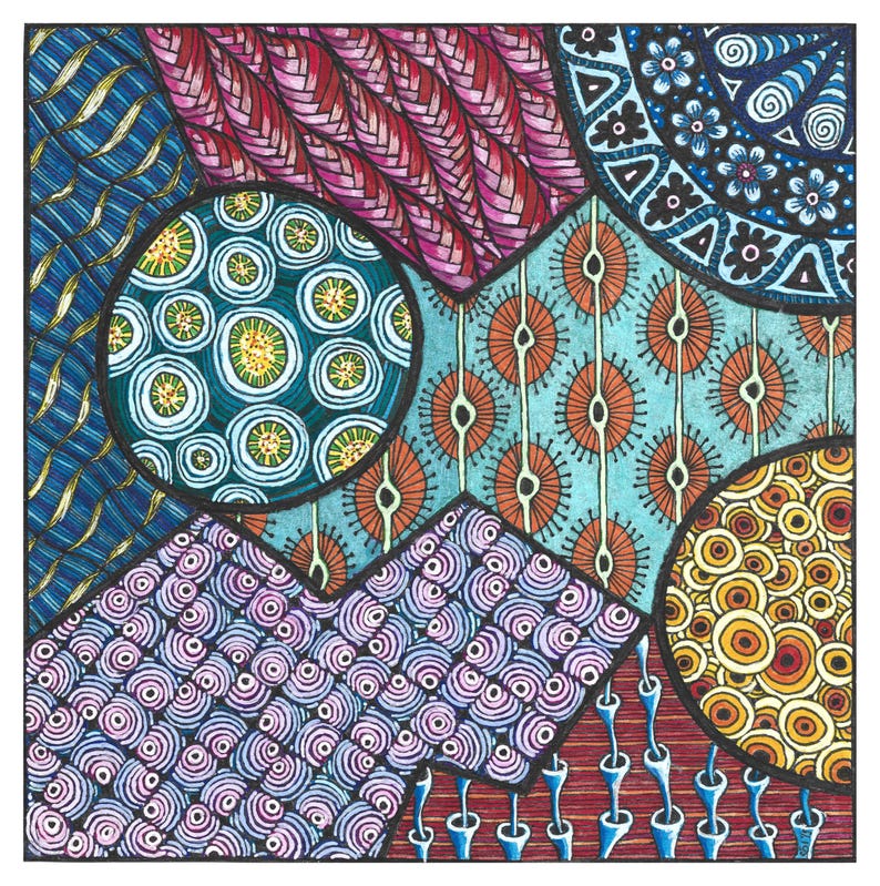 Peut inclure: Un dessin abstrait carr&eacute; pr&eacute;sentant un collage de motifs g&eacute;om&eacute;triques. Les sections incluent des lignes ondul&eacute;es bleues, des textures tress&eacute;es rouges, des motifs floraux, des cercles bleu sarcelle &agrave; centre jaune, des ovales orange et des cercles jaunes.