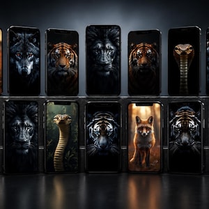 May include: A collection of fourteen smartphones arranged in two rows, each displaying a high-resolution digital wallpaper featuring a different animal portrait, including lions, tigers, wolves, a bear, a fox, and a cobra, all set against dark backgrounds.