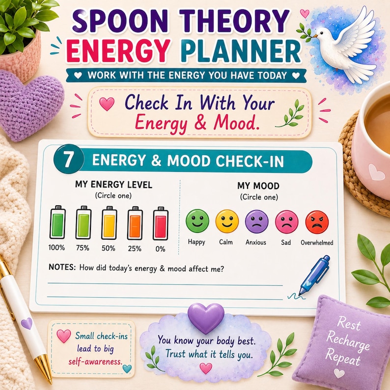 May include: A Spoon Theory Energy Planner card featuring an energy and mood check-in section with battery icons from 100% to 0% and five colored emoji faces. The card includes text prompts for notes, a blue pen illustration, and motivational phrases.