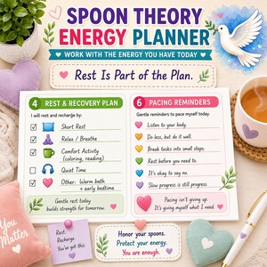 May include: A Spoon Theory Energy Planner notepad featuring sections for Rest and Recovery Plan and Pacing Reminders. The planner includes text such as Rest Is Part of the Plan, lists with icons, and colorful heart graphics on a white background.