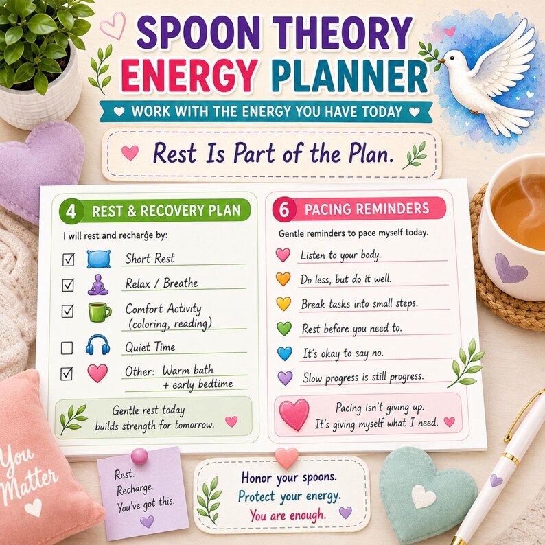 May include: A Spoon Theory Energy Planner notepad featuring sections for Rest and Recovery Plan and Pacing Reminders. The planner includes text such as Rest Is Part of the Plan, lists with icons, and colorful heart graphics on a white background.