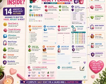 May include: A Mood & Mindset Reset Planner sheet featuring 14 numbered sections for daily reflection, including mood check-ins, thought reframing, affirmations, and gratitude tracking. The layout uses colorful icons, text prompts, and a white background.