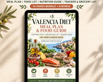 May include: A digital tablet displaying the Dr. Valencia Diet Meal Plan and Food Guide. The screen shows text including 7-Day Meal Plan, Master Food List, and Grocery Guide, alongside images of salmon, olive oil, nuts, and fresh vegetables.