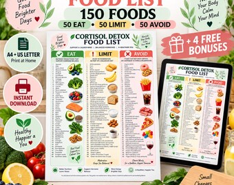 May include: A digital and printable Cortisol Detox Food List chart featuring 150 foods categorized into Eat, Limit, and Avoid columns. The document includes text, icons, and food illustrations, displayed on a tablet screen and a printed paper sheet.