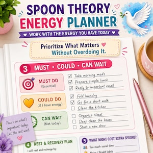 May include: A Spoon Theory Energy Planner with a white page featuring a prioritization chart labeled Must, Could, and Can Wait. The planner includes sections for tasks, a rest and recovery plan, and a section for what might cost extra spoons.