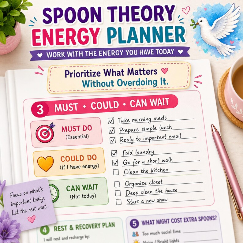 May include: A Spoon Theory Energy Planner with a white page featuring a prioritization chart labeled Must, Could, and Can Wait. The planner includes sections for tasks, a rest and recovery plan, and a section for what might cost extra spoons.
