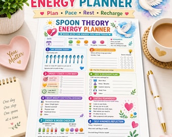 May include: A Spoon Theory Energy Planner paper sheet featuring sections for daily tracking, mood check-ins, and pacing reminders. The layout includes colorful icons, a white dove illustration, and text prompts to manage energy levels and self-care.