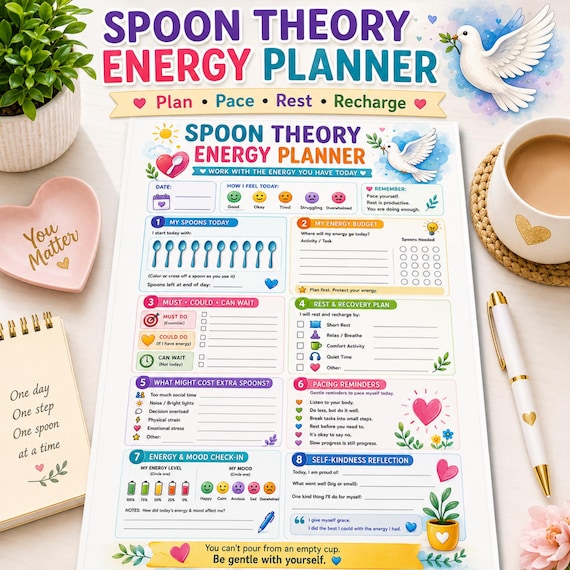 Spoon Theory Energy Planner | Chronic Illness Fatigue Tracker | Low Energy Pacing Printable | Fatigue Pacing Tracker (Digital Download)