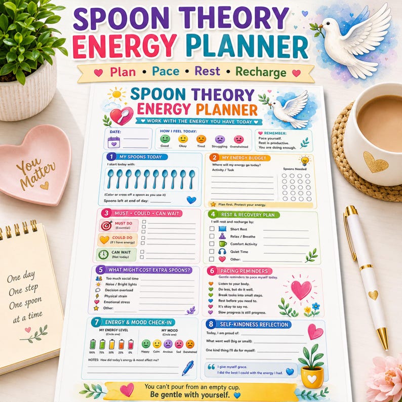 May include: A Spoon Theory Energy Planner paper sheet featuring sections for daily tracking, mood check-ins, and pacing reminders. The layout includes colorful icons, a white dove illustration, and text prompts to manage energy levels and self-care.