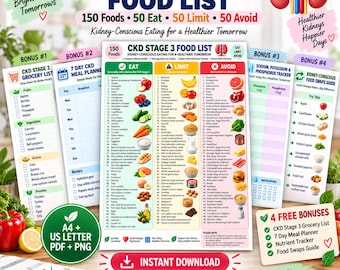 May include: A digital CKD Stage 3 food list guide featuring a central chart with 150 foods categorized into eat, limit, and avoid columns. Includes a grocery list, meal planner, nutrient tracker, and food swaps guide in A4 and US Letter formats.