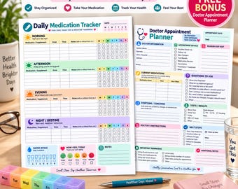 May include: A daily medication tracker and doctor appointment planner set featuring colorful sections for morning, afternoon, evening, and night. The tracker includes fields for medication, dose, time, and notes, alongside a water intake tracker and mood icons.