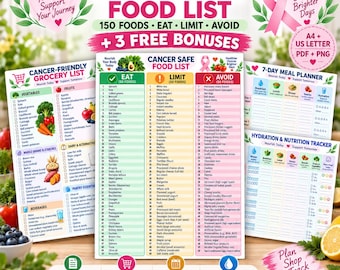 May include: A printable bundle featuring a Cancer Safe Food List, a grocery list, a 7-day meal planner, and a hydration tracker. The documents include categorized lists of foods to eat, limit, and avoid, with pink ribbon accents and text.