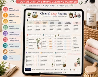 May include: A digital home cleaning planner displayed on a tablet screen titled Clean & Cozy Routine, featuring a weekly schedule, daily checklists, habit trackers, and monthly focus areas with colorful icons and text for household organization.
