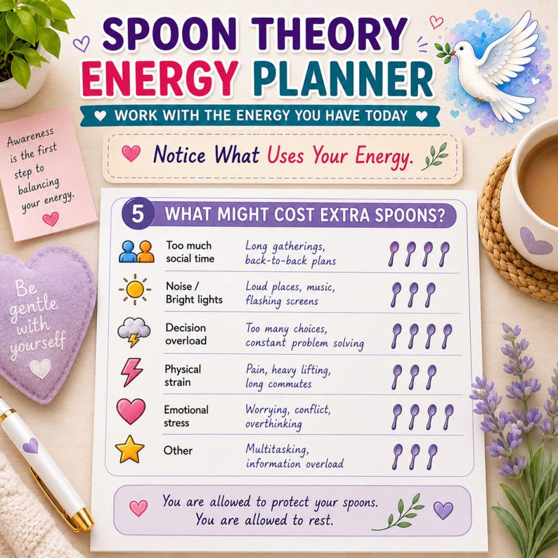 May include: A Spoon Theory Energy Planner chart featuring a list of activities that cost extra spoons, including social time, noise, decision overload, physical strain, emotional stress, and other tasks, with purple spoon icons indicating energy costs.