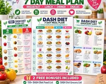 May include: A DASH Diet 7-day meal plan chart featuring a food list and grocery list. The documents include daily meal schedules for breakfast, lunch, dinner, and snacks, categorized food lists for eating, limiting, and avoiding, and a grocery list.