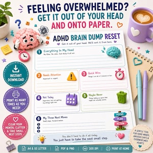 May include: An ADHD Brain Dump Reset printable planner page featuring six numbered sections for organizing thoughts, tasks, and priorities. The document includes text prompts, colorful icons, and a section for three next moves, designed for clarity and focus.