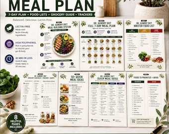 May include: A collection of eight printed pages titled Dr. Gundry Diet Meal Plan, featuring a 7-day meal plan, food lists, grocery guides, and trackers. The documents include charts, checklists, and meal ideas on US letter 8.5 x 11 inch paper.
