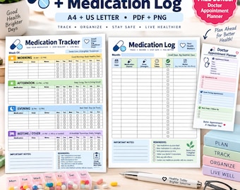 May include: A digital medication tracker and log set including a doctor appointment planner. The documents feature sections for morning, afternoon, evening, and bedtime doses, with checkboxes for daily tracking, notes, and reminders in a clear layout.