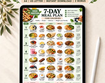 May include: A digital 7-day high protein meal plan displayed on a tablet screen, featuring a grid of daily breakfast, lunch, dinner, and snack options with calorie counts. The document includes text headers, food images, and a grocery list summary.