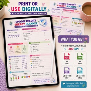 May include: A digital Spoon Theory Energy Planner displayed on a tablet with a stylus, featuring sections for energy budgeting, rest plans, and self-kindness reflection. The planner includes a white dove illustration and text titled Spoon Theory Energy Planner.