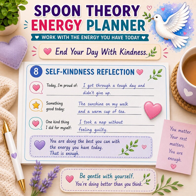 May include: A Spoon Theory Energy Planner with a white page titled Self-Kindness Reflection, featuring prompts and handwritten text. The planner includes a white pen with a purple heart, a mug, and decorative cards with text like End Your Day With Kindness.