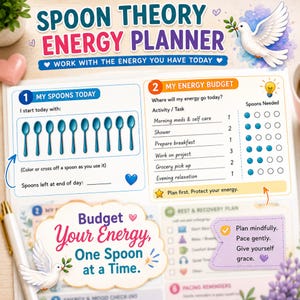 May include: A Spoon Theory Energy Planner page featuring a white background with blue text and graphics. It includes a section for tracking daily spoons, an energy budget table with tasks, and a central cloud-shaped box with the text Budget Your Energy, One Spoon at a Time, decorated with white doves and floral accents.