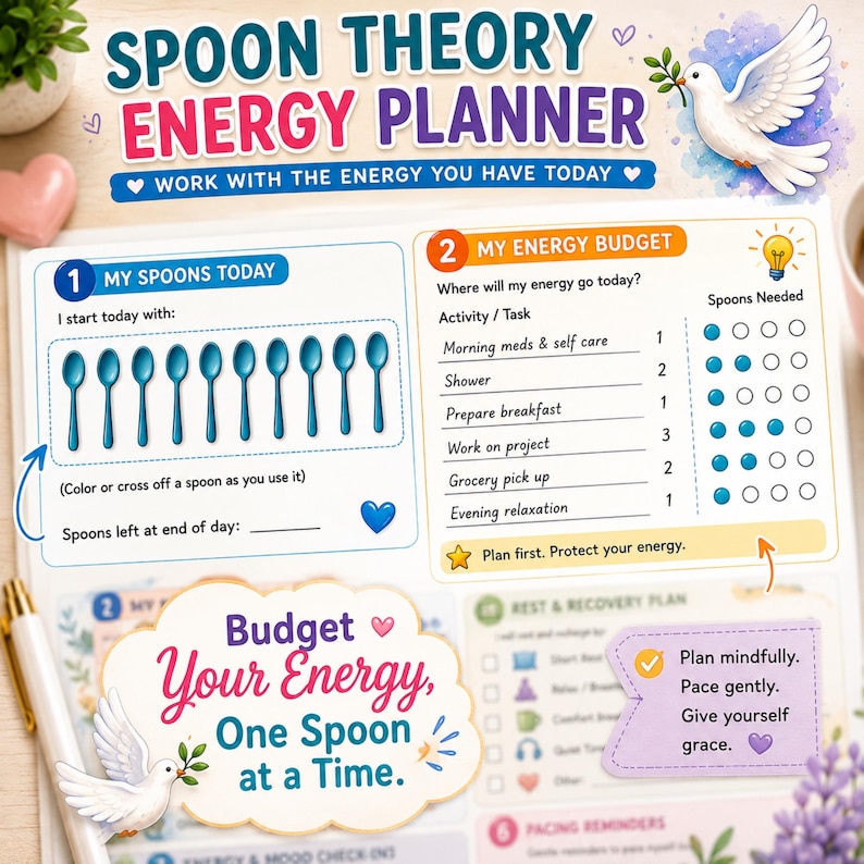 May include: A Spoon Theory Energy Planner page featuring a white background with blue text and graphics. It includes a section for tracking daily spoons, an energy budget table with tasks, and a central cloud-shaped box with the text Budget Your Energy, One Spoon at a Time, decorated with white doves and floral accents.