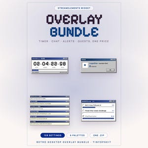 May include: A digital StreamElements widget overlay bundle featuring a retro desktop aesthetic. The set includes a timer, chat box, alert box, and quest tracker with pixelated blue text and window-style frames on a light gray background.