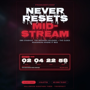 Pode incluir: Um widget de temporizador digital para streaming com fundo preto e texto em vermelho e branco. O visor mostra o texto NEVER RESETS MID-STREAM, OBS CRASHES, THE BROWSER RELOADS e um temporizador de contagem regressiva de 02 dias, 04 horas, 22 min, 58 seg.