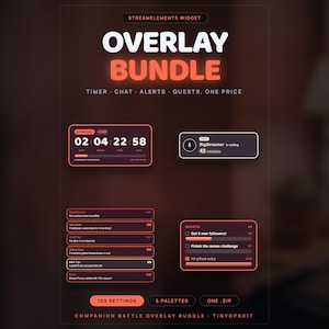 Può includere: Un pacchetto di overlay per StreamElements con un tema scuro e accenti arancioni luminosi. Il set include un timer per il conto alla rovescia, avvisi di raid, una chat box e un tracker per le missioni. Include i testi "OVERLAY BUNDLE" e "QUESTS".