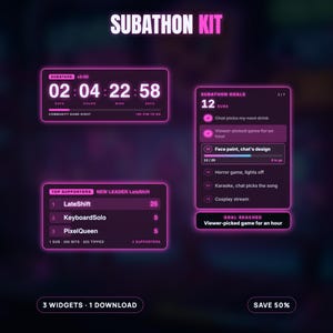 Neon Subathon Kit for Twitch | Subathon Timer, Leaderboard and Goal Tracker Bundle, 3 StreamElements Widgets