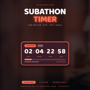 May include: A digital StreamElements widget interface titled SUBATHON TIMER in white and orange text. It features a countdown clock displaying 02:04:22:58, a progress bar labelled LEGENDARY ENCOUNTER, and additional settings buttons for customisation.