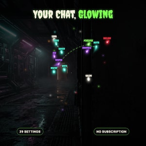 Op de afbeelding: Een digitale interface met de tekst YOUR CHAT, GLOWING bovenaan, met diverse namen zoals Luna, Nova, Raven, Kai, Vesper, Mochi, Onyx, Pixelfox, Moth, Bramble, Hollow en Salem die als gloeiende gekleurde bollen in een donkere gang zweven.