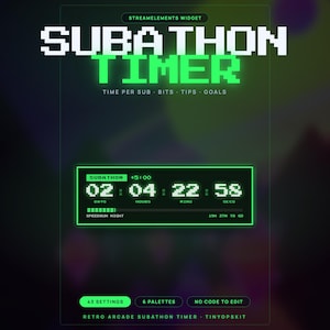 May include: A digital subathon timer widget with a retro arcade aesthetic, featuring bright green pixelated text on a dark background. The display shows 02 days, 04 hours, 22 minutes, and 58 seconds, with labels for time per sub, bits, tips, and goals.