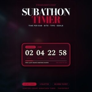 May include: A digital subathon timer widget with a dark red and black theme. The interface displays the text SUBATHON TIMER, TIME PER SUB, BITS, TIPS, GOALS, and THE LAST DANCE BEFORE DAWN. A countdown clock shows 02 days, 04 hours, 22 mins, 58 secs.