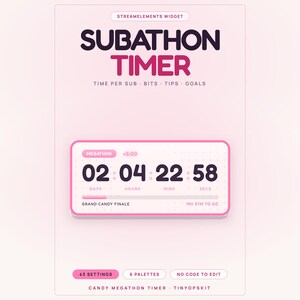 May include: A digital subathon timer widget interface in shades of pink and dark purple. The display shows 02 days, 04 hours, 22 minutes, and 58 seconds with text labels for Megathon, Grand Candy Finale, and settings for 43 options and 6 palettes.
