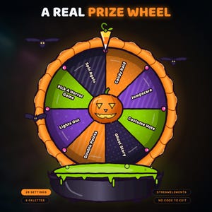 Puede incluir: Una ruleta de premios digital titulada A REAL PRIZE WHEEL con un centro de calabaza, borde naranja y segmentos etiquetados como Spin Again, Candy Raid, Jumpscare, Costume Vote, Ghost Story, Double Points, Lights Out y Pick A Horror Game.