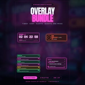 Neon Overlay-paket för Twitch | StreamElements Subathon-timer, chatt, varningar och checklista för uppdrag, 6 paletter
