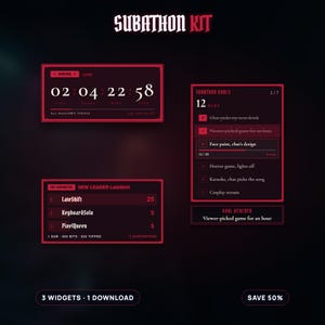 Puede incluir: Un kit de superposición digital para Subathon con un tema en rojo oscuro y negro. Incluye un temporizador de cuenta regresiva etiquetado como All Hallows' Finale, una lista de objetivos de Subathon con casillas y una tabla de líderes.