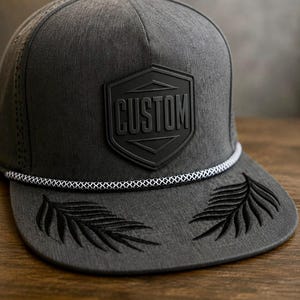 Puede incluir: Una gorra de béisbol gris carbón con un parche hexagonal negro que tiene la palabra CUSTOM grabada en el centro. La gorra incluye un detalle de cuerda trenzada blanca y negra en la base de la corona y dos diseños de hojas de palma bordadas.