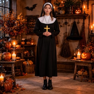 May include: A black and white nun costume featuring a long-sleeved black dress with a white collar, a black and white headpiece, and a gold-coloured cross pendant on a black cord. The outfit is worn with black ankle boots, creating a complete look.