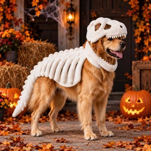 Può includere: Un cane dorato indossa un costume da scheletro di dinosauro bianco. Il costume include un copricapo a forma di teschio con denti e un pezzo posteriore caratterizzato da una serie di strutture simili a costole e una lunga coda in peluche.