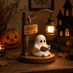 Peut inclure: Une lampe décorative représentant une figurine de fantôme blanc lisant un livre sous un poteau en forme d'arbre marron. Un panneau suspendu indique "BOO!" avec une chauve-souris et un crâne. Une lanterne émet une lumière chaude. Base ronde.