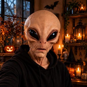 Op de afbeelding: Een volledig alien-masker met een gladde, lichtbruine teint, een prominente langwerpige schedel en grote, glanzend zwarte amandelvormige ogen. Het masker heeft een realistische huidtextuur met subtiele rimpels rond de mond en neus.