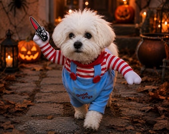 Costume di Halloween per cani, costume per animali domestici ispirato a Killer Doll, divertente vestito per cani, simpatico costume di Halloween per cuccioli, costume spettrale per animali domestici