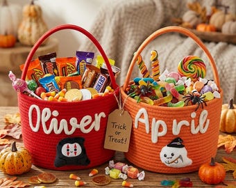 Cesta de dulces de Halloween personalizada con cuerda de algodón y nombre bordado / Cesta para pedir dulces de Halloween / Cesta para juguetes de peluche de Halloween / Bolsa de dulces hecha a mano