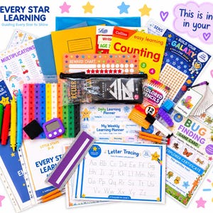 May include: An educational learning kit featuring a collection of workbooks, including Counting and Letter Tracing, a reward chart, a set of colourful plastic counting blocks, a digital timer, coloured pencils, a pencil case, and game cards.